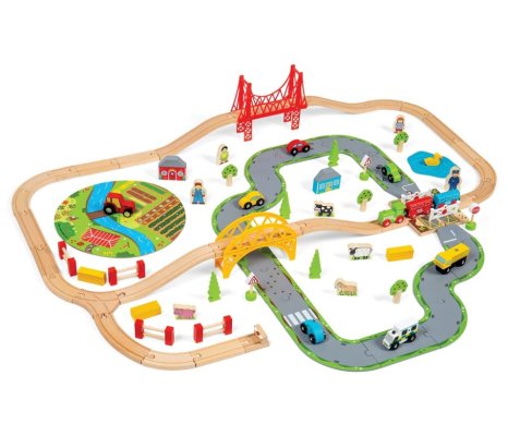Bigjigs Rail Caminho de Ferro de Madeira com Campo 80 peças
