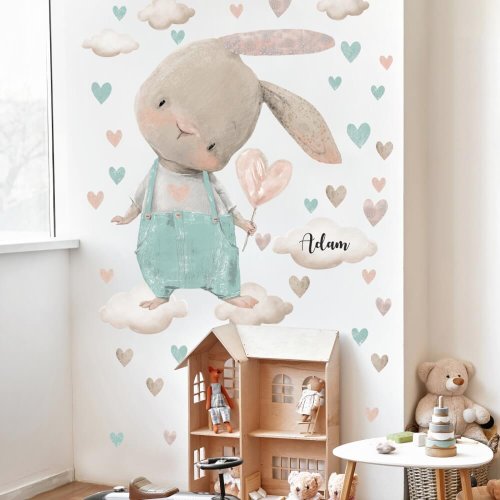 Adesivo murale - Coniglietto acquerello con cuori di menta
