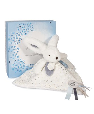 Doudou Geschenkset blauw - konijntje met vierkante doek 25 cm