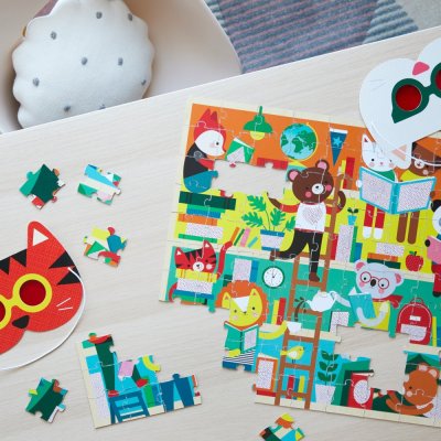 Petit Collage Puzzle bibliotecă 100 piese cu ochelari 3D