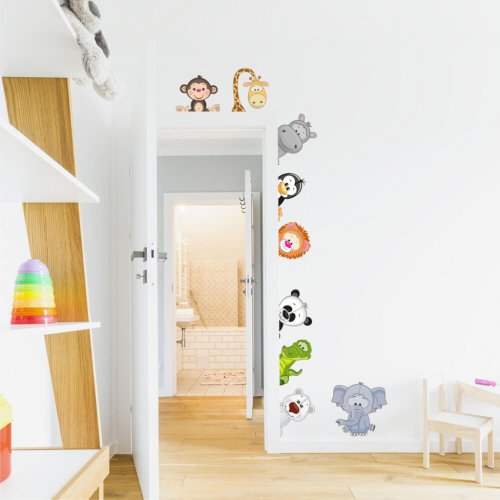 Adesivi murali per bambini - Animali dello ZOO intorno alla porta N.3 - 9 pz da 14 a 29 cm entrambi i lati