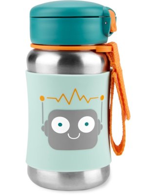 SKIP HOP Spark Style Trinkflasche mit Strohhalm Edelstahl Roboter 12m+