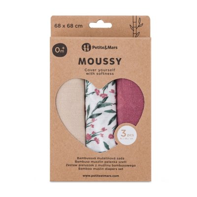 PETITE&MARS Sada plen bambusová mušelínová 3ks Moussy Pink Meadow 68 x 68 cm