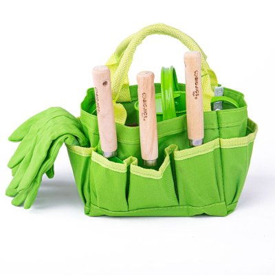 Bigjigs Toys Gartengeräte-Set im grünen Stoffbeutel