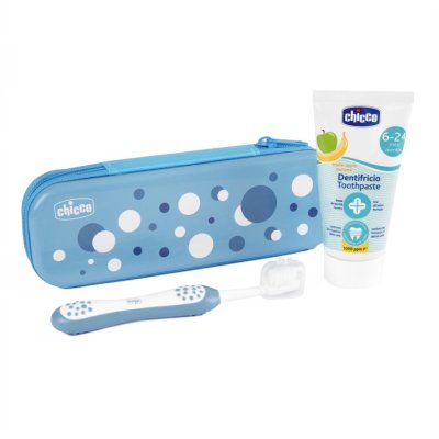 CHICCO Set Zahnbürste und Zahnpasta im Etui Always Smiling – Hellblau, 6 Monate+