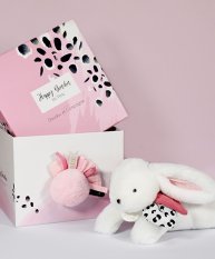 Coffret cadeau Doudou - Lapin en peluche avec pompon rose 25 cm