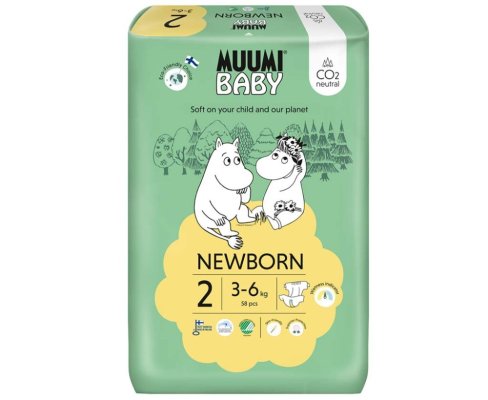MUUMI Baby 2 Neugeborene 3-6 kg (58 Stück), Öko-Windeln