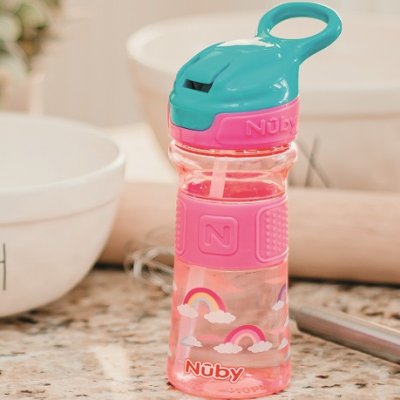 Sticla sport NUBY cu paie pliabila moale 360 ml, roz, 3+