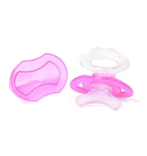 BABYONO BPA-free silicone teether in the shape of a pacifier with a pink cover 3m+