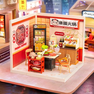RoboTime 3D dřevěná skládačka Miniatura domečku Asijské bistro Panda Hot Pot