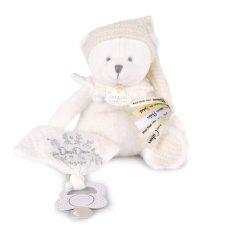 Doudou Zestaw upominkowy Pluszowy miś z uchwytem na smoczek i kocykiem beżowy 20 cm