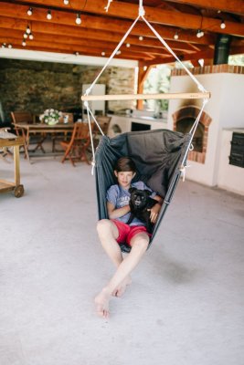 Viseča gugalna blazina črni melir HOJDAVAK MAXI s blazino - zunanja tkanina, vrvica bela