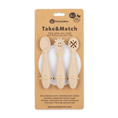 PETITE&MARS Set of 3 silicone training spoons Take&Match Desert Sand 6m+