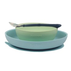 NATTOU Service de table en silicone 3 pcs vert-bleu sans BPA