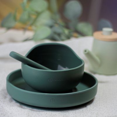 PETITE&MARS Set jídelní silikonový TAKE&MATCH 4 ks Misty Green 6m+
