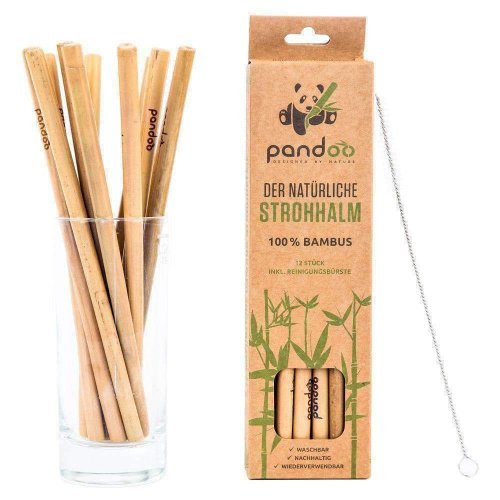 Pajita de bambú larga con cepillo de limpieza, 12 piezas