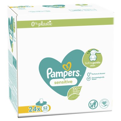 Chusteczki nawilżane PAMPERS Sensitive Plastik Bez plastiku 24 x 52 szt. = 1248 szt