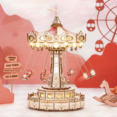 RoboTime Drewniane puzzle 3D pozytywka Karuzela łańcuchowa kolorowa