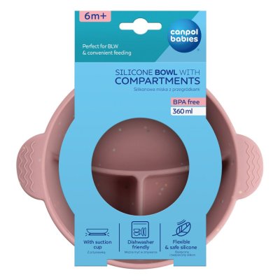 CANPOL BABIES Silikonowa miseczka dzielona z przyssawką Dots 360ml różowa