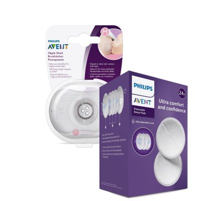 Philips AVENT Brustwarzenschutz – mittel 2 Stück + sterile Box + Einweg-Stilleinlagen 24 Stück