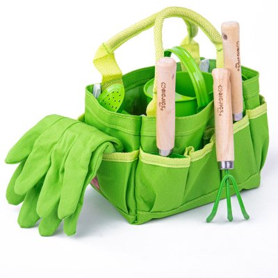 Bigjigs Toys Gartengeräte-Set im grünen Stoffbeutel