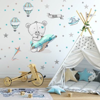 Wall stickers for boys - Bear with an airplane and balloons