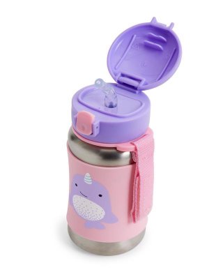 SKIP HOP Zoo Trinkflasche mit Strohhalm Edelstahl Narwal 12m+