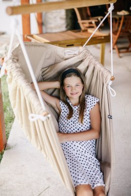 Hängesessel beige meliert HOJDAVAK MAXI mit Kissen - Outdoor-Stoff, Seil schwarz