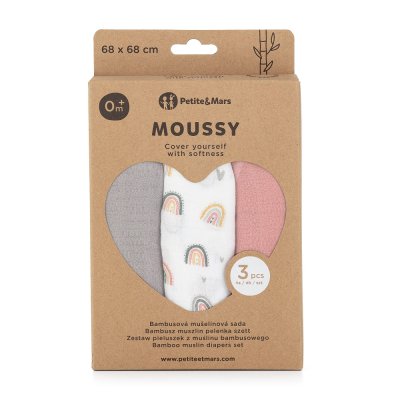 PETITE&MARS Sada plen bambusová mušelínová 3ks Moussy Rose Rainbows, 68 x 68 cm