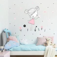 Детски стикери за стена - Фея в пудрени цветове с пеперуди и цветя