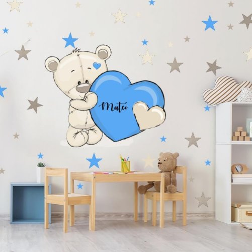 Room sticker for a boy in blue - Teddy bear with a name and a heart