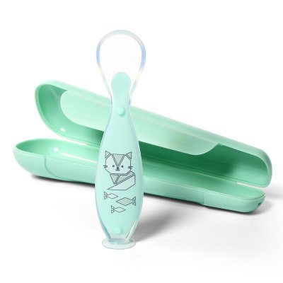 BABYONO Silicone spoon with cover green cat 6m+