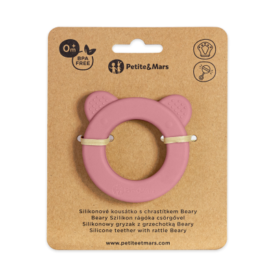 PETITE&MARS Anneau de dentition en silicone avec hochet Beary Dusty Rose 0m+