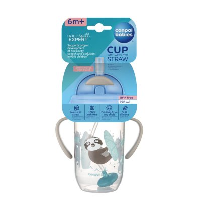 CANPOL BABIES Kubek niekapiący ze słomką i ciężarkiem Zwierzęta egzotyczne 270 ml szary, 6m+