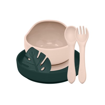 PETITE&MARS Set da pranzo in silicone TAKE&MATCH 4 pezzi Desert Sand - Misty Green 6m+