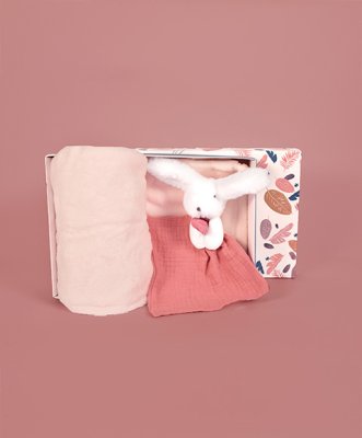 Doudou Conjunto Presente Coelhinho Feliz manta e boneco de dormir rosa