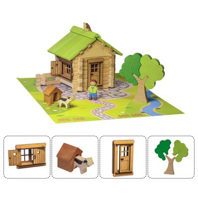 Jeujura Jeu de construction en bois 85 pièces Maisonnette en duplex