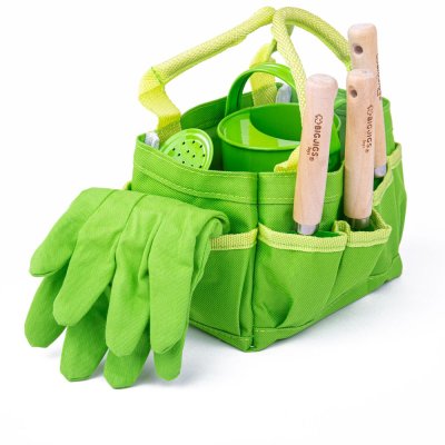 Bigjigs Toys Gartengeräte-Set im grünen Stoffbeutel