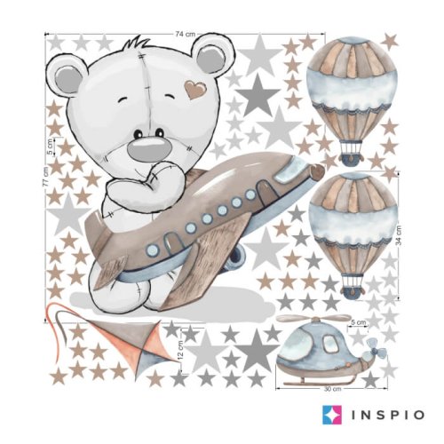 Klistermärke för pojkar i pojkrummet - Björn med ett flygplan