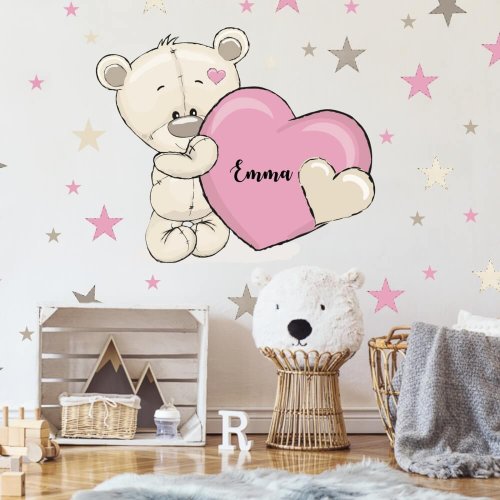 Sticker for a girl's room - Teddy bear with a name and a heart