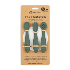 PETITE&MARS Set de 3 cuillères d'entraînement en silicone Take&Match Misty Green 6m+