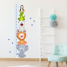 Детски стикери за стена - Син метър с цветни животни (180 см)