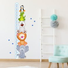 Stickers muraux enfant - Mètre bleu avec animaux colorés (180 cm)