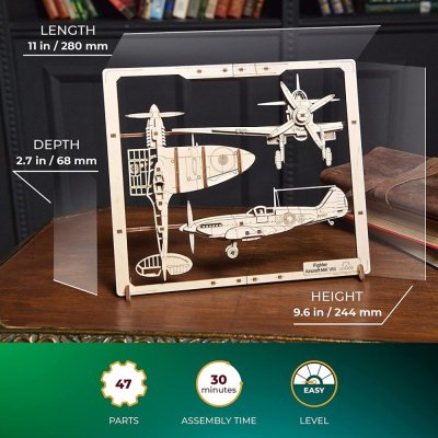 Ugears 2,5D Drewniane Mechaniczne Puzzle Model Samolot Myśliwski
