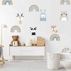 Samolepky do detskej izby - Dúhy v neutrálnych farbách so zvieratkami