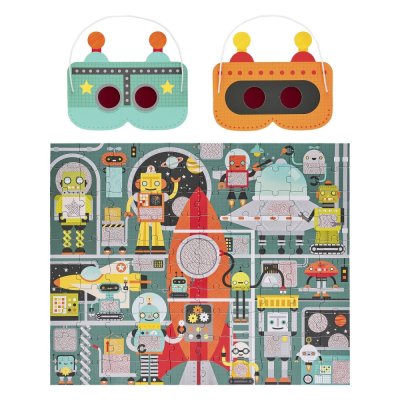 Petit Collage Puzzle robôs 100 peças com óculos 3D