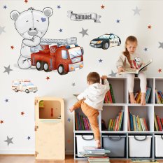 Стикери за стена за момче - Аварийни коли и плюшено мече за детската стая