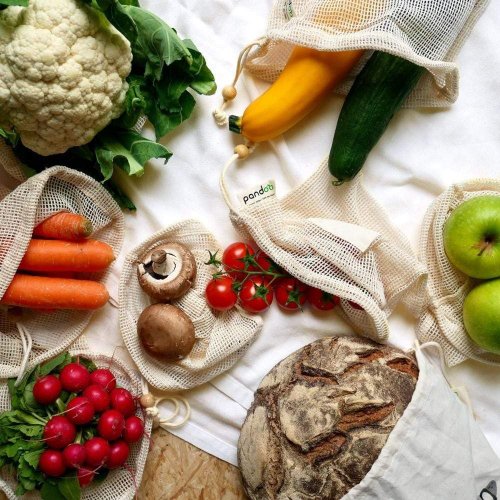 Διχτυωτή τσάντα από βιολογικό βαμβάκι για φρούτα, λαχανικά και ψωμί σετ 7 τμχ