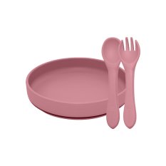 PETITE&MARS Juego de comedor silicona TAKE&MATCH 2 piezas plato + cubiertos Dusty Rose 6m+