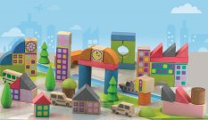 Jeujura Jeu de construction en bois Ma petite ville en cubes 50 pièces